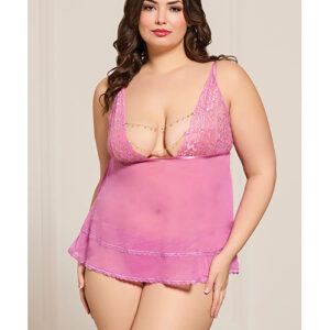 Seven 'til Midnight Lace and Mesh Babydoll w/Thong & Rhinestone Detail - Pink