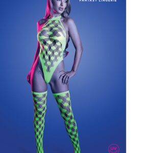 Fantasy Lingerie Glow Adrenaline Halter Teddy & Stockings in Rhinestone Fishnet — Power Play Studio