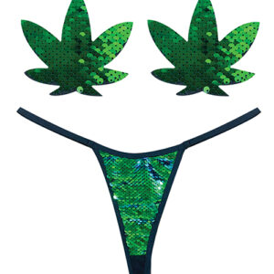 Neva Nude Naughty Knix Weed Leaf Sequin G-String & Pasties - Green O/S — Power Play Studio