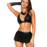 Leather & Mesh Halter Bra Top w/Mini Skirt & G-String — Power Play Studio
