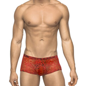 Male Power Stretch Lace Mini Short Red Mediu — Power Play Studio