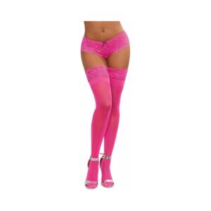 Dreamgirl Neon Pink Sheer Thigh-High Stockings With Silicone Lace Top Pink — Power Play Studio