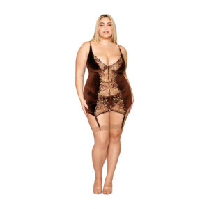 Dreamgirl Stretch Velvet and Embroidered Band Garter Slip and G-String Set Espresso — Power Play Studio