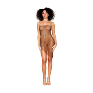 Dreamgirl Rhinestone Embellished Fishnet Chemise with an Asymmetrical Hemline Espresso — Power Play Studio
