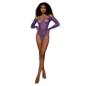 Dreamgirl Rhinestone Off Shoulder Bodystocking Teddy Ultra Violet — Power Play Studio