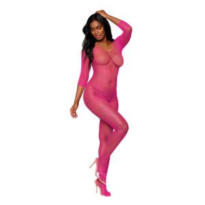 Dreamgirl Three-Quarter Sleeve Fishnet Bodystocking Open-Crotch Neon Pink — Power Play Studio