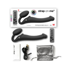 Strap-On-Me Rechargeable Remote-Controlled Silicone Vibrating Bendable Strap-On Black M — Power Play Studio