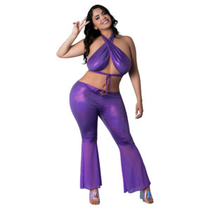 Magic Silk Glimmer Wrap Halter & Flair Pant Set Purple Disco Queen Size — Power Play Studio