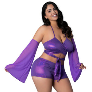 Magic Silk Glimmer Wrap Bralette, Booty Shorts & Sleeve Set Purple Disco Queen Size — Power Play Studio