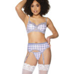 Crystal Pink Buffalo Check Print, Bra, Garter Belt & String Grey/Pink XL