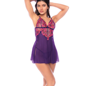 Floral Embroidered Mesh Babydoll w/Thong 2 pc Set - Orchid L/XL — Power Play Studio