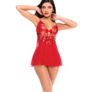 Sheer Mesh Babydoll w/Embroidered Cups & Thong - Red L/XL — Power Play Studio