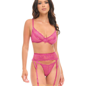 Julia Lace & Mesh 3 pc Set w/G-String - Rose — Power Play Studio
