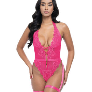 Kahlia Lace Halter Top Teddy - Pink Yarrow L/XL - Power Play Studio, LLC