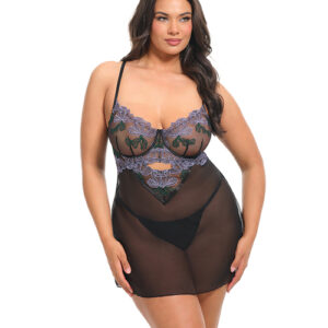 Jenna Floral Embroidered Mesh Unlined Underwire Babydoll w/Keyhole Details & Thong - Purple/Black 1X