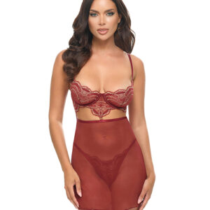 Arielle Unlined Underwire Lace Babydoll w/G-String - Burgundy — Power Play Studio
