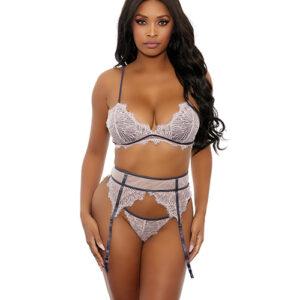 Floral Lace Bra, Cage Garter Belt & G-String Dusty Pink LG — Power Play Studio