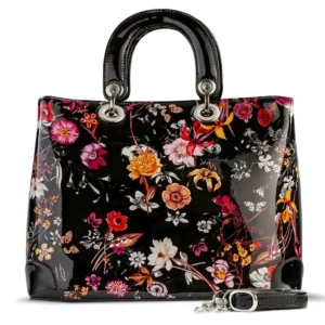 Night Blossom Flower Print Lightweight Black Leather Handbag