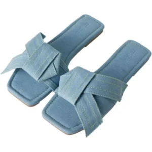 Womens Fashion Casual Daily Wear Slide Shoes, Open Toe Slip On Slide Sandals, Denim Flat Slides - Power Play Studio, LLC