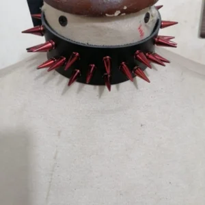 Black Faux Leather & Red Metallic Spike Choker
