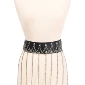 Black Faux Leather & Silver Chain Fringe Skirt
