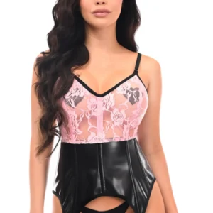 Lavish Black/Pink Wet Look & Lace Bustier Corset w/Garters