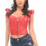 Lavish Faux Leather Bustier Top with Ruffle Sleeves