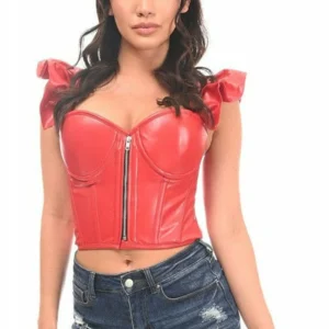 Lavish Faux Leather Bustier Top with Ruffle Sleeves