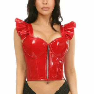 Lavish Patent Bustier Top with Ruffle Sleeves