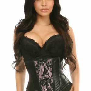 Lavish Wet Look Under Bust Corset Pink with Lace Overlay - Power Play Studio, LLC