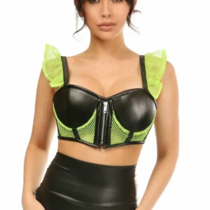 Lavish Fishnet & Faux Leather Underwire Bustier Top with Removable Ruffle Sleeves