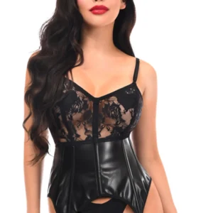 Lavish Black Wet Look & Lace Bustier Corset w/Garters