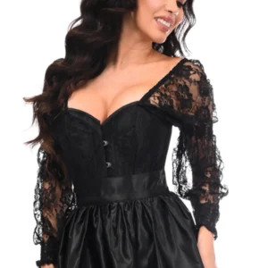 Top Drawer 2 PC Black Lace Steel Boned Corset & Satin Skirt Set - Power Play Studio, LLC