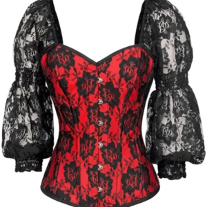 Top Drawer Red with Black Lace Steel Boned Long Sleeve Corset - Power Play Studio, LLC