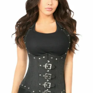 Top Drawer Steel Boned Pinstripe Underbust Corset with Buckling - Power Play Studio, LLC
