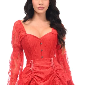 Top Drawer 2 PC Red Lace Steel Boned Corset & Skirt Set - Power Play Studio, LLC