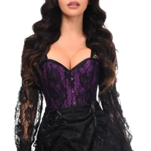 Top Drawer 2 PC Black/Purple Lace Steel Boned Corset & Skirt Set - Power Play Studio, LLC