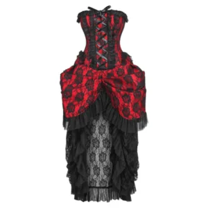 Top Drawer Steel Boned Red with Black Lace Bustle Corset Dress