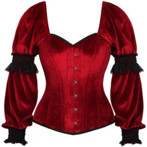 Top Drawer Dark Red Velvet Steel Boned Long Sleeve Corset - Power Play Studio, LLC