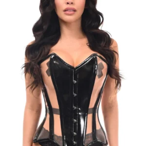 Top Drawer Black Patent & Nude Mesh Steel Boned Overbust Corset - Power Play Studio, LLC
