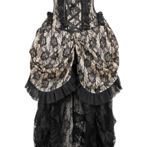 Top Drawer Steel Boned Cream w/Black Lace Bustle Corset Dress