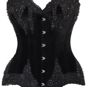 Top Drawer Black Velvet & Beaded Steel Boned Overbust Corset - Power Play Studio, LLC