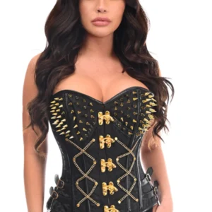 Top Drawer Black Brocade & Gold Spikes Steel Boned Corset - Power Play Studio, LLC
