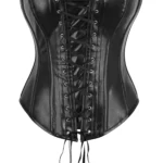 Top Drawer Black Faux Leather & Black Lace Trim Lace Up Steel Boned Corset - Power Play Studio, LLC