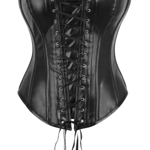 Top Drawer Black Faux Leather & Black Lace Trim Lace-Up Steel Boned Corset