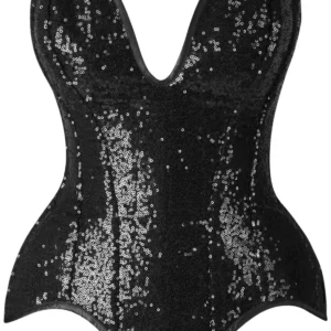 Top Drawer Steel Boned Black Sequin Plunge Neckline Overbust Corset - Power Play Studio, LLC