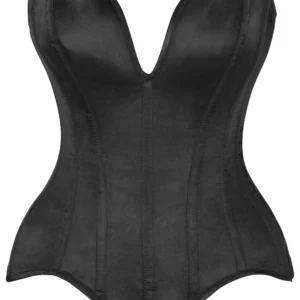 Top Drawer Steel Boned Black Satin Plunge Neckline Overbust Corset - Power Play Studio, LLC
