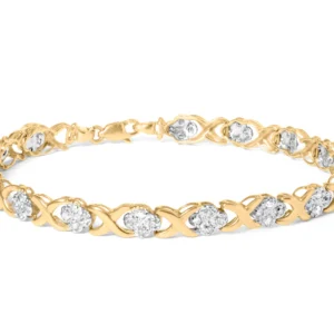 10K Yellow Gold over .925 Sterling Silver 1.0 Cttw Diamond Cluster X Link Tennis Link Bracelet (H-I Color, I3 Clarity) - 7"