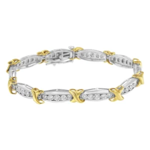 10K Yellow Gold Plated .925 Sterling Silver Two Tone 3/4 CttwDiamond X & O Link Tennis Bracelet - Power Play Studio, LLC