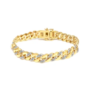 14K Yellow Gold Plated .925 Sterling Silver 3/8 Cttw Diamond Cuban Bracelet